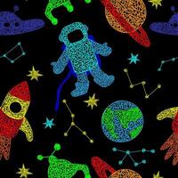 Seamless pattern with hand drawn stars, flying sauer, planet, mars rover, rocket, earth planet,constellations on black background in childrens naive style. vector