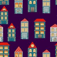 Seamless pattern with hand drawn  city. Many cute different houses with red roof on purple background. vector