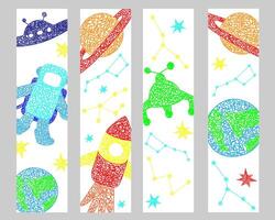 Set bookmarks with hand drawn stars, flying sauer, planet, mars rover, rocket, earth planet,constellations on white background in childrens naive style. vector