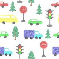 Seamless pattern with hand drawn cars on white background in childrens naive style. vector