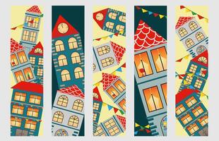 Set bookmarks with hand drawn european city.  Cuzy town houses with red roof. vector