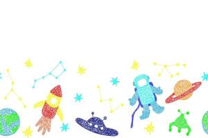 Seamless border with hand drawn stars, flying sauer, planet, mars rover, rocket, earth planet,constellations on white background in childrens naive style. vector