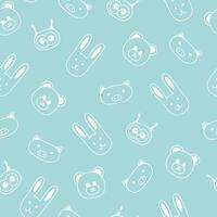 Seamless pattern with hand drawn face of rabbit, hare, pig, owl, teddy bear in naive style. vector