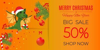 Sale banner with green dragon, Christmas ball and bow in orange and red colors. vector