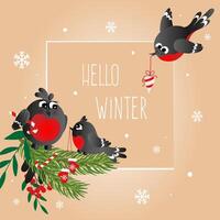 Greeting postcard. Happy new year and Merry Christmas with cute, funny family of bullfinches. You can change the text. vector