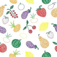 Seamless pattern with hand drawn watermelon, cherry, apple, pear, lemon, strawberry, eggplant, currant, onion on white background in childrens naive style. vector