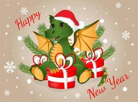Greeting postcard. Happy new year and Merry Christmas with green dragon and red gifts boxes. vector