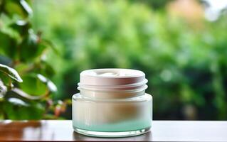 AI generated luxury cosmetic open cream jar on the table with green leaves in natural background photo