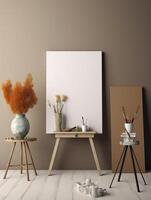 AI generated White canvas for mockup with blurred brick wall room interior photo