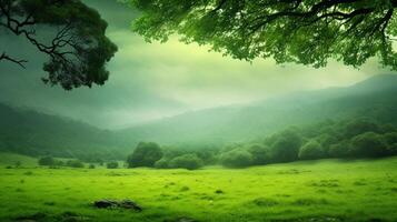 ai generado un verde árbol en un campo con el Dom brillante en eso foto