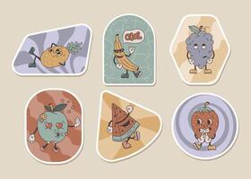 Funny groovy retro character stickers. Fruit emoticons, set of vector isolated illustrations, old cartoon style.