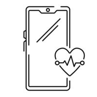 Vector isolated line icon, smartphone with heart icon and cardiogram. Medical cardiology symbol.