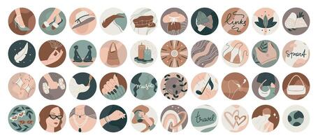 A set of isolated highlight cover templates for social media. Vector women fashion and lifestyle round stickers, flat style.