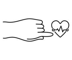 Vector isolated medical line icon, human hand touching heart symbol with cardiogram.