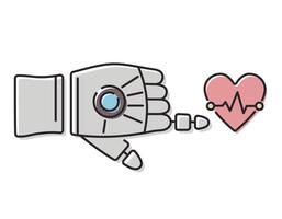 Robot hand pointing with index finger or touching heart with cardiogram. Vector isolated line icon. Symbol of modern medical technologies.