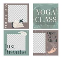 Set of vector templates for social media posts. Square banners, yoga class and meditation, flat style.