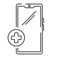 vector aislado línea icono, teléfono inteligente con cruzar icono, moderno digital en línea medicamento. vocación un médico a hogar y un ambulancia.