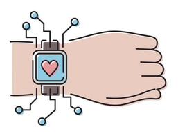 Vector isolated line icon. Human hand with a smart watch, fitness bracelet with a heart symbol.