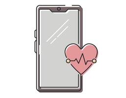 Vector isolated line icon, smartphone with heart icon and cardiogram. Medical cardiology symbol.