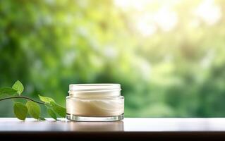 AI generated luxury cosmetic open cream jar on the table with green leaves in natural background photo