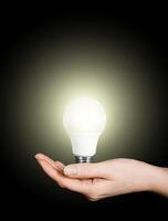 woman's hand holding light bulb on black background photo