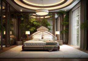 ai generado 3d representación hermosa contemporánea lujo dormitorio suite en hotel con televisión foto