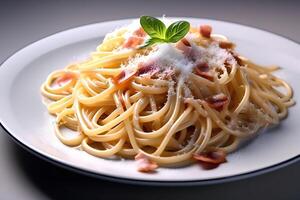 AI generated pasta Carbonara with bacon and basil leaf is on a plate photo