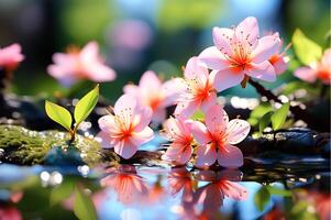 ai generado un soleado primavera Mañana. flores en un rama cubierto con Rocío foto