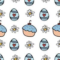 A seamless pattern with Easter cupcake, egg and heart and flower chamomile vector