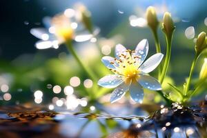 ai generado un soleado primavera Mañana. flores en un rama cubierto con Rocío foto