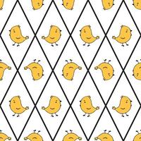 Vector graphic with a repeatable pattern of cheerful yellow chickens