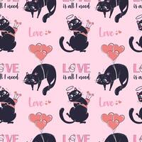 Template printed seamless pattern with black funny cat for Valentine's day isolated. Colorful love wrapping paper. vector