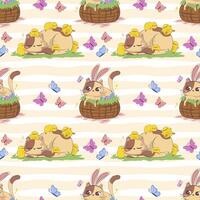 Seamless pattern with cartoon Easter cat with bunny ears and chickens isolated on pastel background. vector