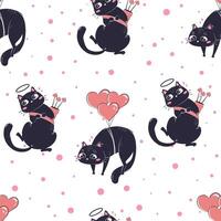 Template printed seamless pattern with black funny cat for Valentine's day isolated. Colorful love wrapping paper vector