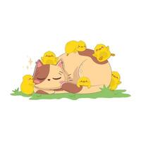 Cute cartoon cat with many Easter chicks sleeping around him isolated on white background in doodle style. vector