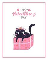 Printable cute valentine's day card template with black cat. Happy Valentine's Day inscription vector