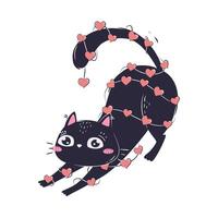 simple cartoon flat cat in love lies pulling himself up wrapped in a garland with hearts vector