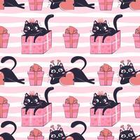 Template printed seamless pattern with black funny cat for Valentine's day isolated. Colorful love wrapping paper. vector