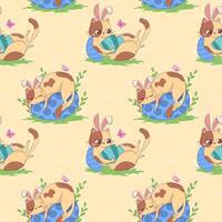 Seamless pattern with cartoon cat with bunny ears and Easter eggs isolated on pastel background. vector
