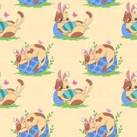 Seamless pattern with cartoon cat with bunny ears and Easter eggs isolated on pastel background. vector