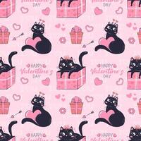 Template printed seamless pattern with black funny cat for Valentine's day isolated. Colorful love wrapping paper. vector