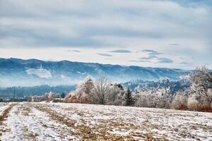 Winter landscape of field with mountains photo