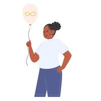 A woman holds a balloon with a golden infinity symbol for Autism Awareness Day vector