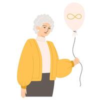 A senior woman holding a balloon with a golden infinity symbol for Autism Awareness Day vector