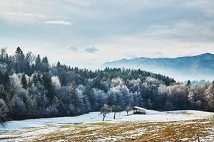 Winter landscape of field with mountains photo