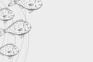 pescado dorado bosquejo antecedentes mano dibujado vector ilustración. Mariscos diseño marco tarjeta con grabado pescado submarino y ondas, marina motivo para verano, playa complejo, comida menú, póster, etiqueta logo
