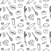 Baking equipments background hand drawn ink sketch seamless pattern vector illustration with dough, eggs, rolling pin, flour, wheat, ingredients tools cooking baked goods. Design for bakery, menu cafe