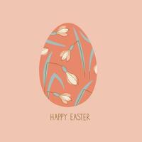 Easter card background with modern Easter egg snowdrops flowers hand drawn flat vector illustration, design festive border frame for greeting card ,banner, flyer, poster, wrapping, template, paper
