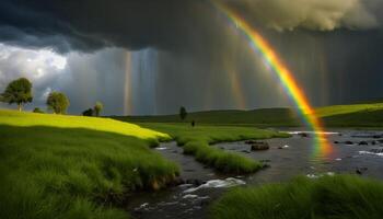 ai generado lluvioso oscuro día con arco iris y Arroyo en verde campo foto
