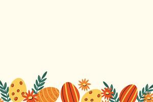 Easter border background with Easter eggs, flowers, leaves branches hand drawn vector illustration. Flat festive banner frame design for greeting card ,paper, flyer, poster, wrapping, template, print